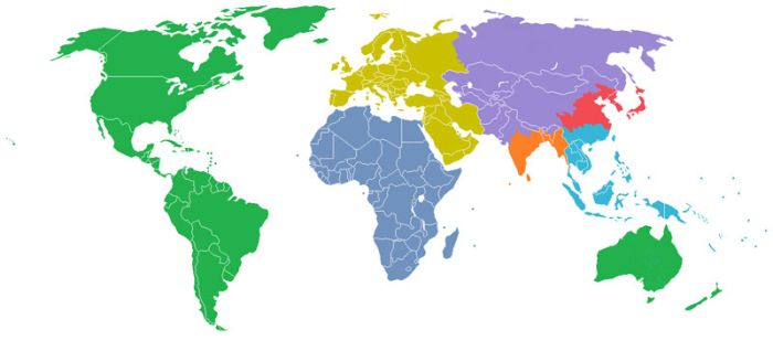The World Divided Into 7 Regions, each with a Population of 1 Billion