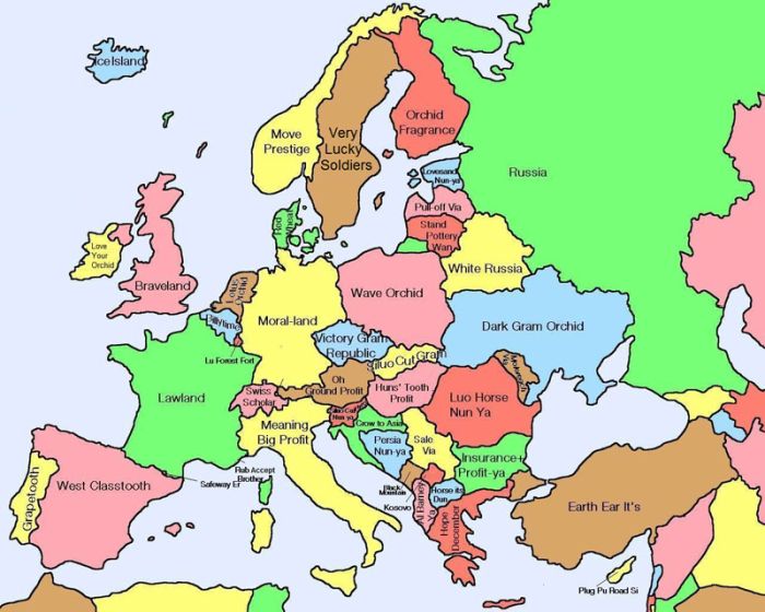 Map of Europe Showing Literal Chinese Translations for Country Names