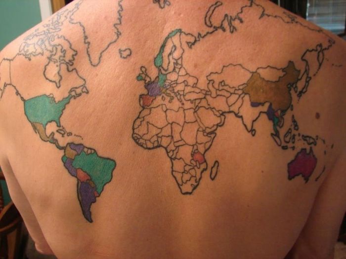 World Map Tattoo with Countries Visited Coloured