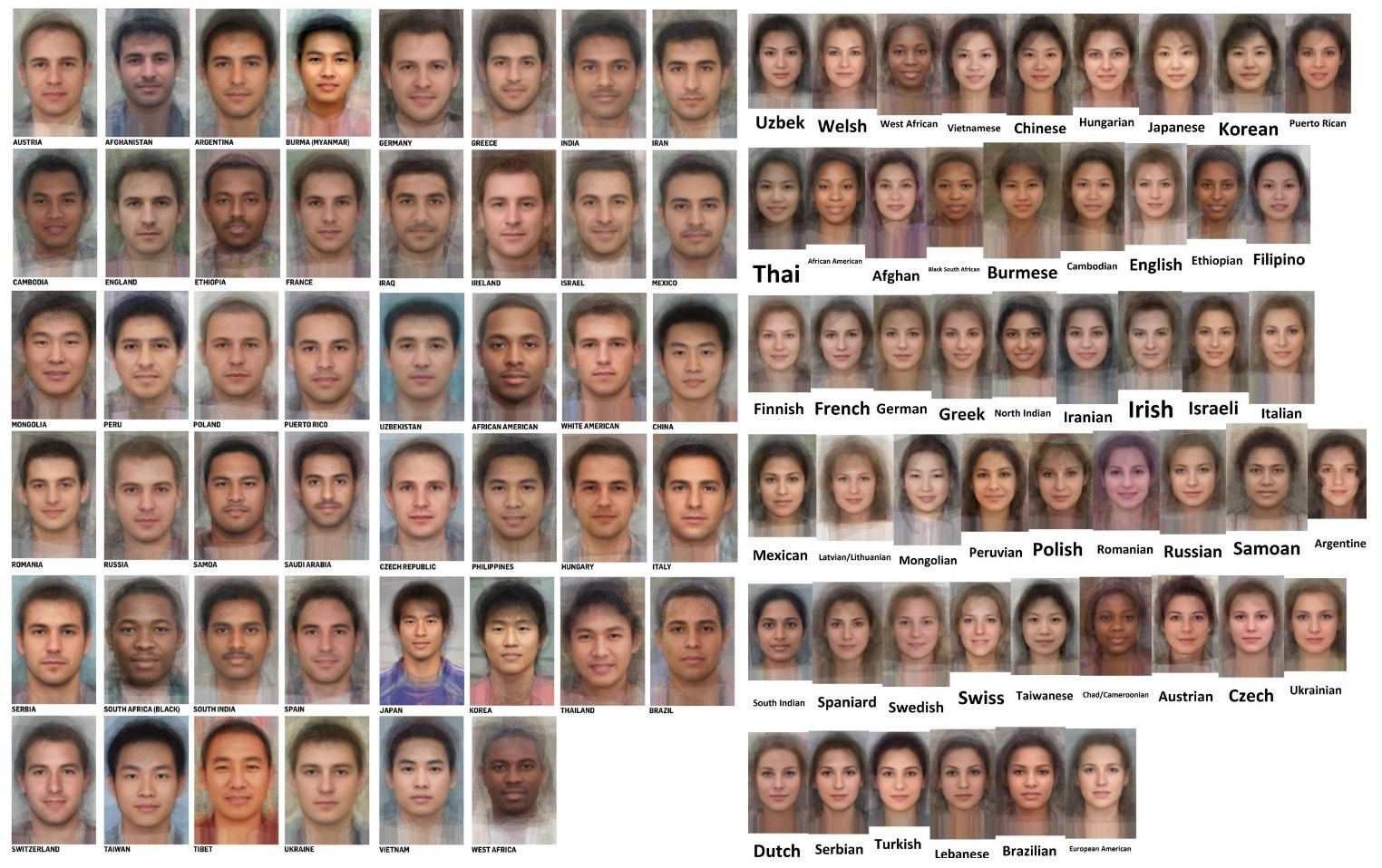 After laying portraits on top of eachother, scientists determined the average face per country