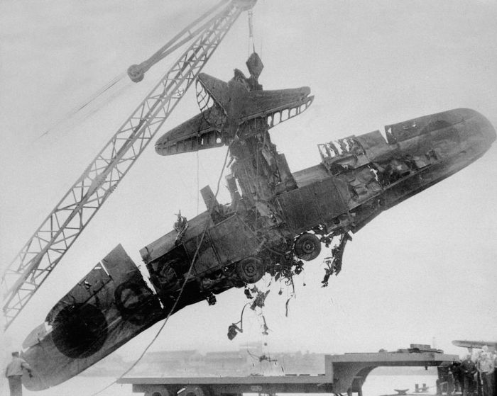 Kamikaze airplane pulled from Pearl harbor aftermath.