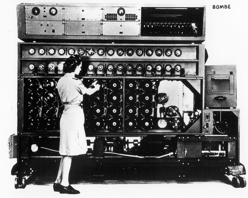 Machines such as this US Navy 'Bombe' were used to assist cryptologists in deciphering German Enigma-machine encrypted secret messages during World War II. 1945.