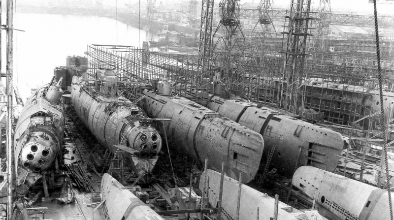 Unfinished German Type XXI U-Boats at the AG Weser shipyard in Bremen, Germany, 1945.