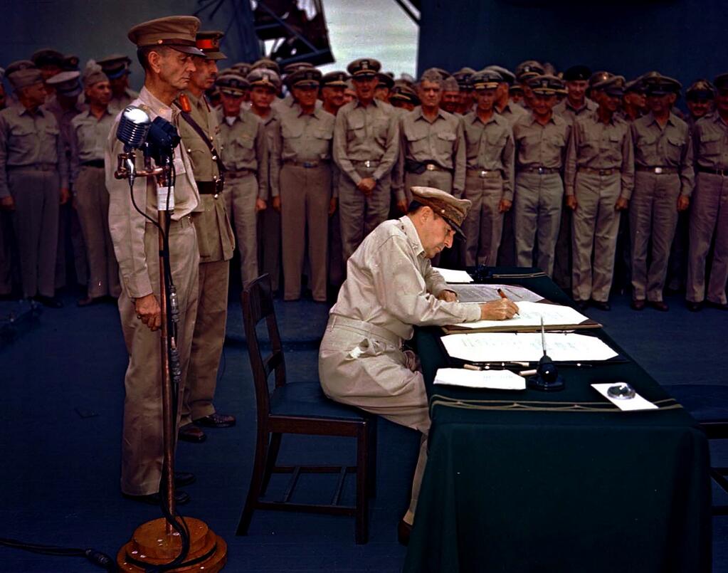 Gen. Douglas MacArthur accepts Japanese surrender, USS Missouri, Tokyo Bay, September 2, 1945