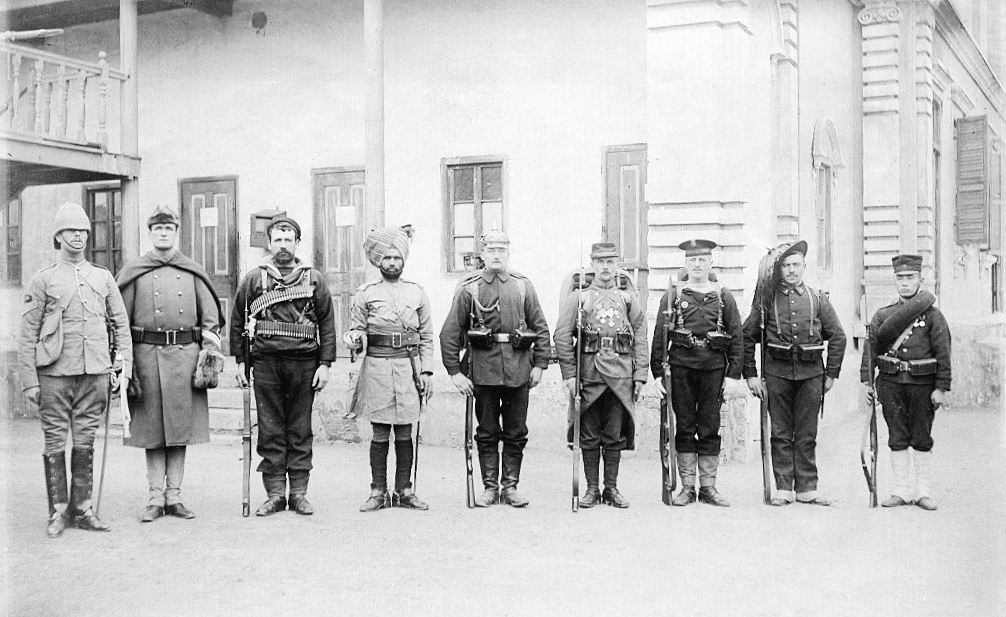 Troops of the Eight Nations Alliance in 1900. Left to right: Britain, United States, Australia, British India, Germany, France, Austria, Italy, Japan