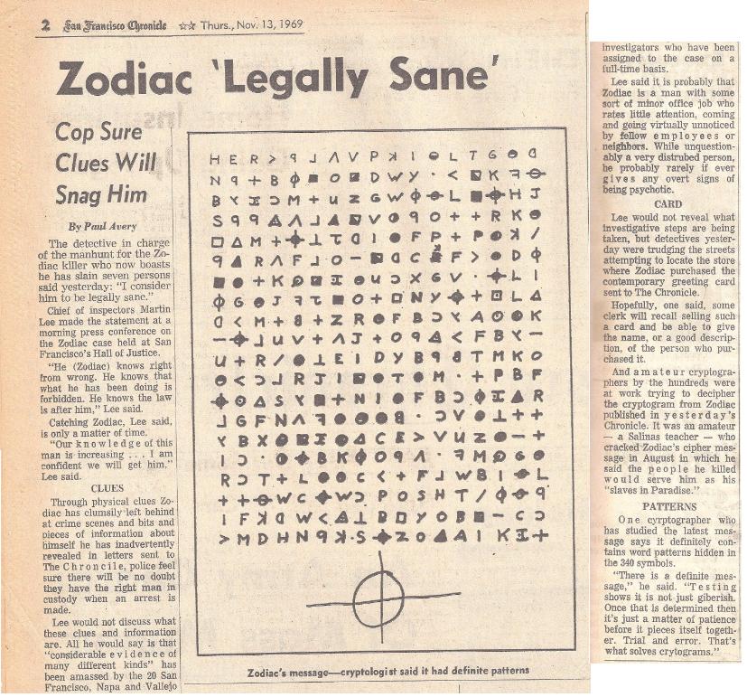 The unsolved 340-character cipher from the Zodiac Killer as it appeared in the San Francisco Chronicle on Nov 13, 1969.