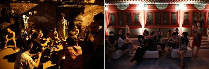 Residents gambling under streetlights in an alley of a residential area for migrant workers and guests drinking Champagne as they wait for the start of a fashion show in Beijing.