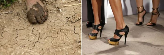A female farmer's bare foot covered in mud about 50 miles from Beijing and women wearing high heels during a photo session in Beijing.