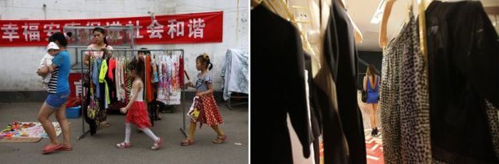 A family walks past a street vendor selling women's clothes in a market for migrant workers in Beijing and a woman paying her bill at a foreign luxury brand's boutique in Beijing.