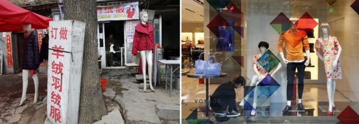 Mannequins at a shop selling wool jackets at a market for migrant workers in Beijing and a clerk putting a shoe on the foot of a mannequin at a luxury shopping mall in Beijing.