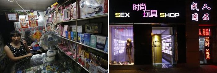 Sex toys at a sex shop in a residential area for migrant workers in Beijing July 17, 2013 and Sex shops with neon signs at a wealthy district in Beijing.
