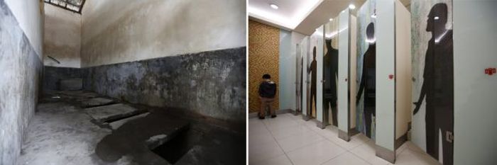A public toilet in a half-demolished old town where new skyscrapers will be built in Beijing February 21, 2013 and a boy using a toilet inside a department store at a shopping district in Beijing.