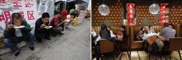 Men eat their lunch on a street for about 1.60 and people having dinner worth about 60 - 80 at a restaurant in Beijing.