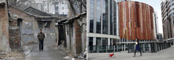 A man walks in a alley at a half-demolished, old residential site and a woman walks with her pet dog at a wealthy residential and commercial complex.