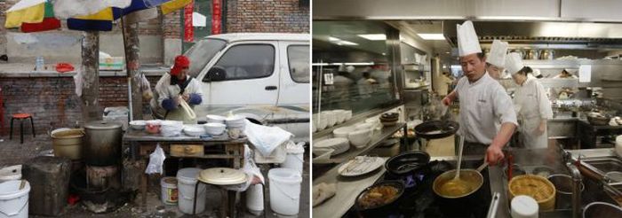A man makes noodles with dough at his makeshift restaurant in a half-destroyed, old residential area and chefs cook a meal at a restaurant in a wealthy district in Beijing.