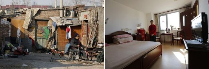 A man sits in a wheelchair in front of his house in a residential area for migrant workers in Beijing and a resident of the Beijing First Social Welfare Institution affiliated nursing home poses in her bedroom in the nursing home.