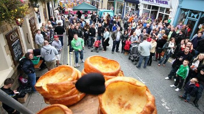 World Black Pudding Throwing Competition-Legend has it that years ago when Lancaster and York met on the battlefield, as soon as they ran out of ammunition they started throwing food. To this day the battle is commemorated by the throwing of Lancastrian pudding at a target of Yorkshire pudding.