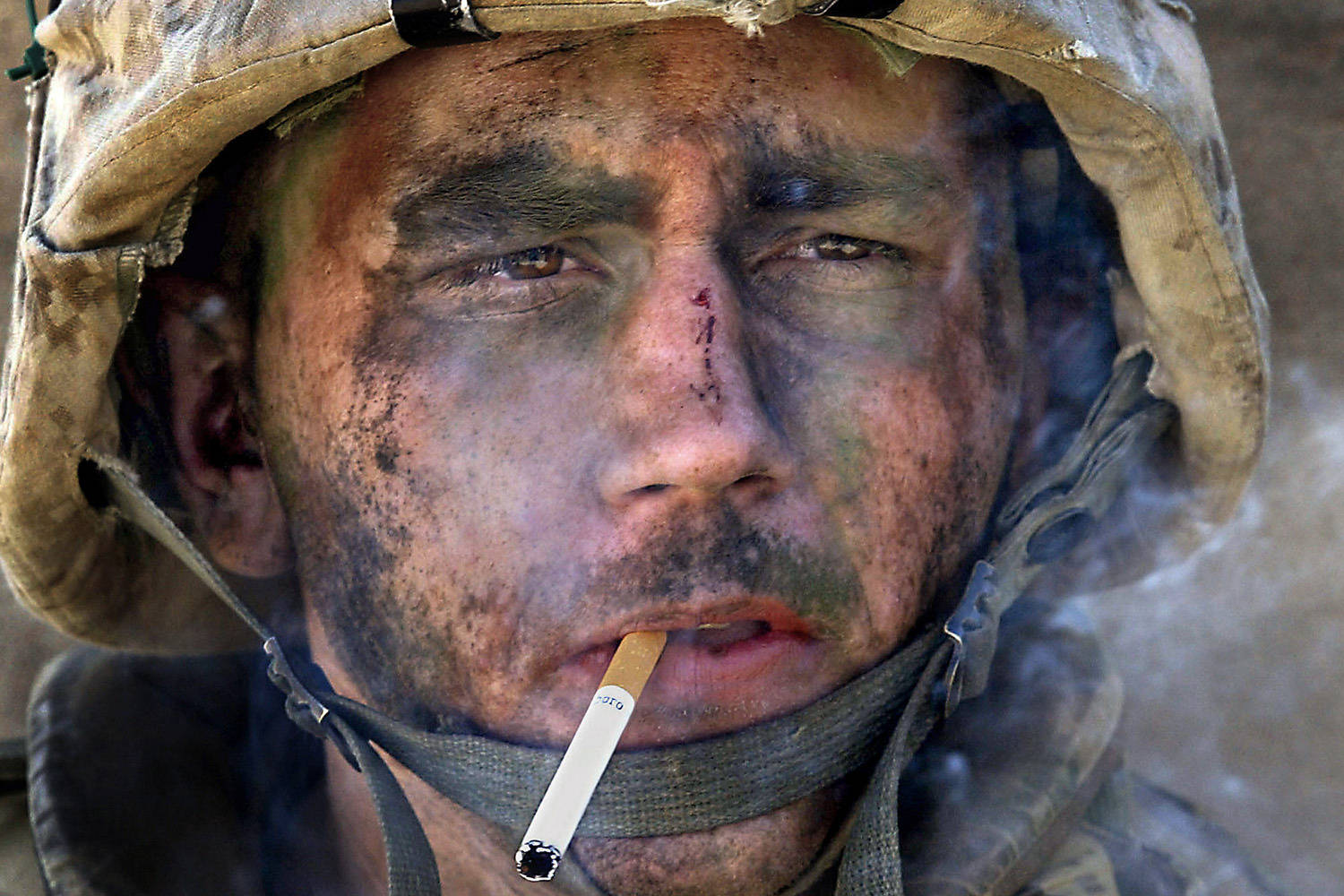 "Marlboro Marine", iconic photograph of James Blake Miller of the 1st Battalion, 8th Marine Regiment, a unit which took part in the Second Battle of Fallujah in November 2004. He was later diagnosed having PTSD.