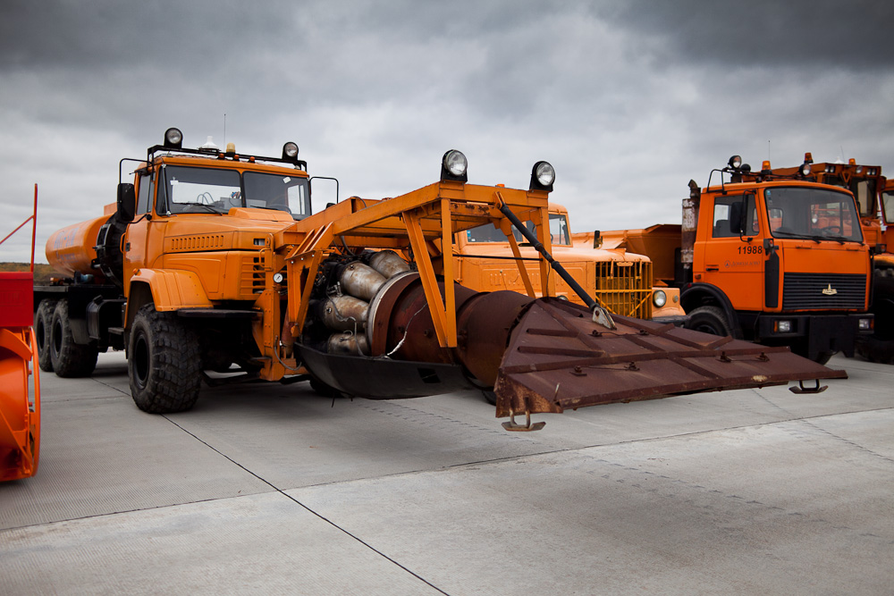 KRAZ truck with a MIG-15 turbojet engine used to clean and blow-dry the runway in winter. Domodedovo airport, Moscow, Russia.