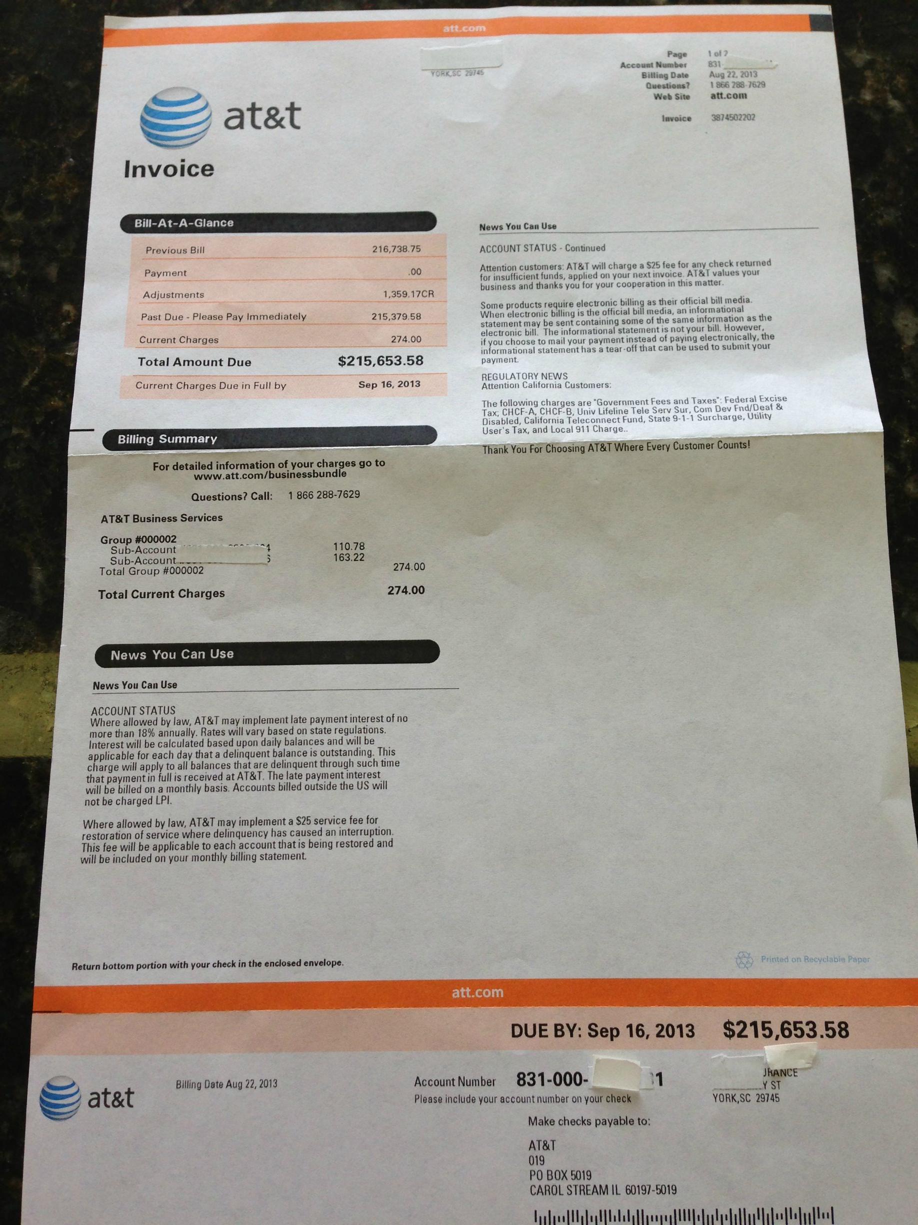 at&t national - eat&t Invoice Due By $215,653.58 031000 atates Lakostname On Sim