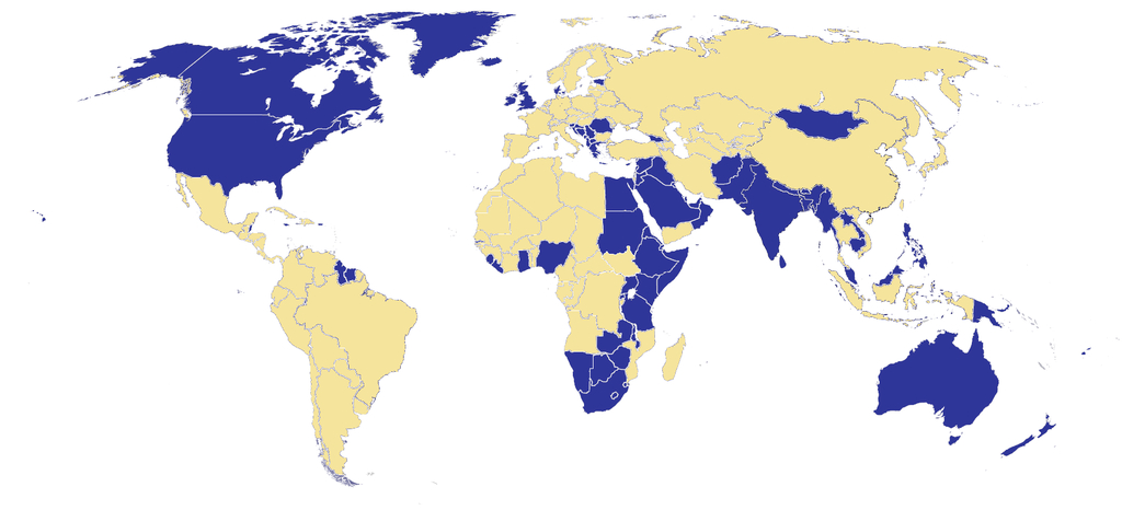 The blue marks where the English version of Wikipedia is the most used version.
