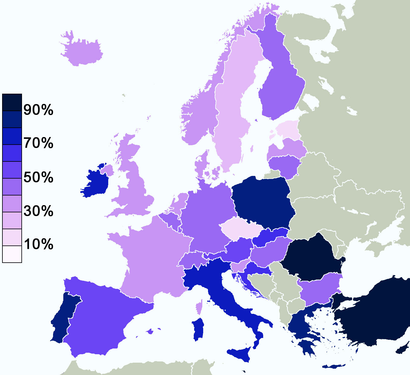 A map of the percentage of people believing in God in Europe.