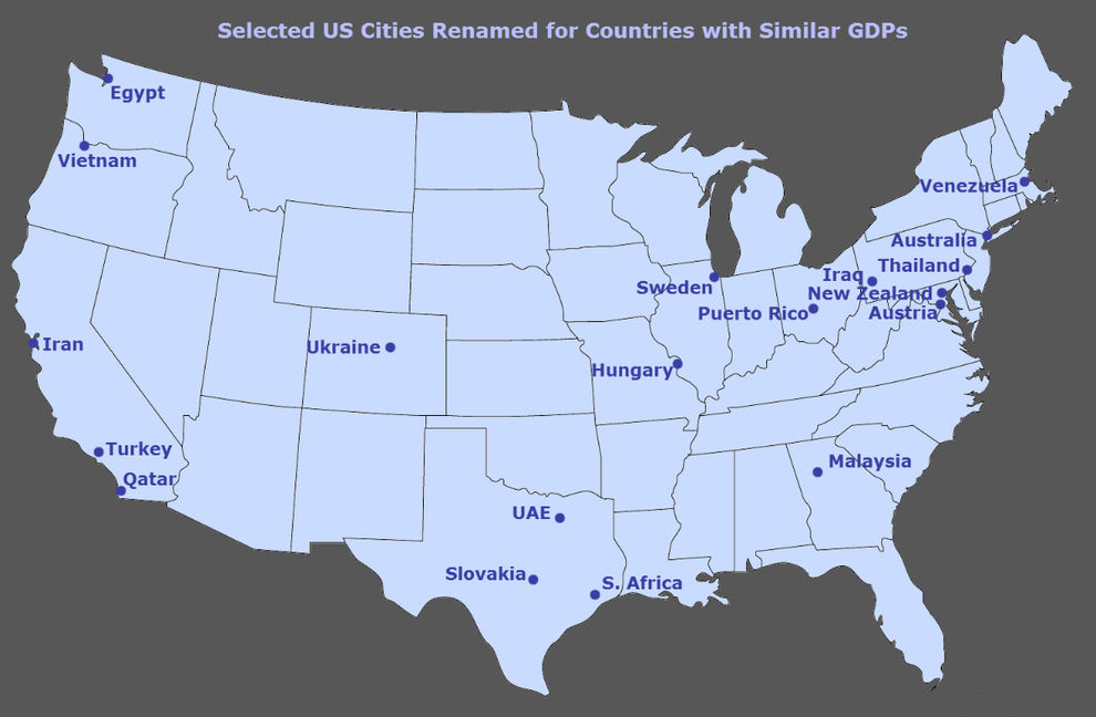 This map equates the GDP of countries to specific U.S. cities.