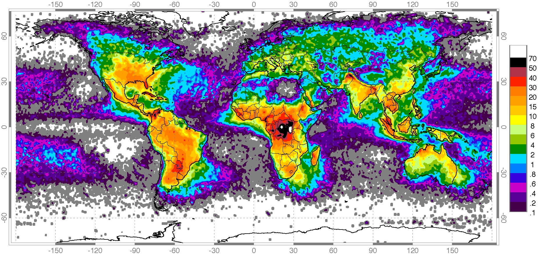 Map showing the frequency of lightning strikes throughout the world.
