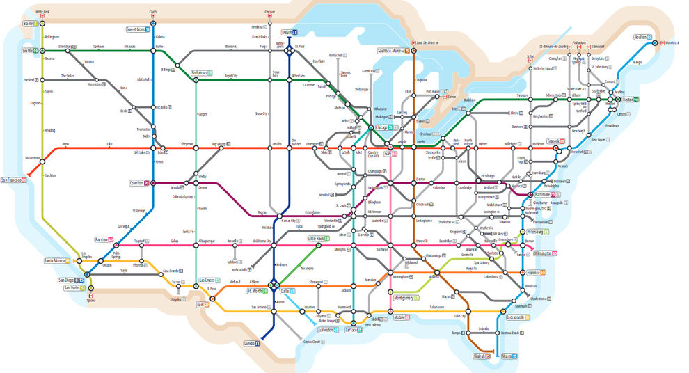 The U.S. interstate system reimagined as a subway map.