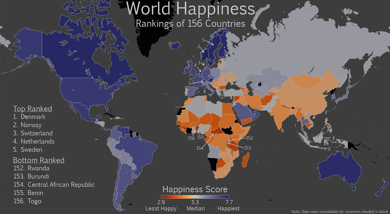 A map showing the world by happiness level.