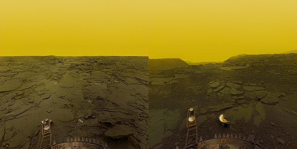 The Surface of Venus-Temp: 863 F. Pressure: 93x Earths. Rains Sulfuric Acid, Breezes blow Boulders, Lander Melted in an Hour.