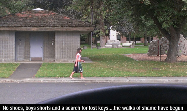 tree - No shoes, boys shorts and a search for lost keys....the walks of shame have begun