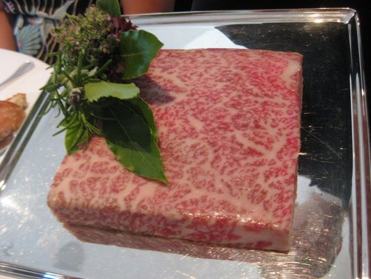 Kuroge Beef presented raw at the French Laundry, a 3-Michelin star restaurant in SF. This square of beef is worth the same amount of money as a decent car.