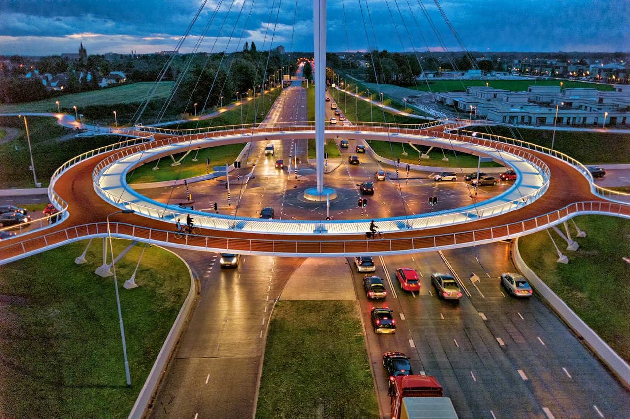 The Hovenring is a suspended bicycle path roundabout on the border between Eindhoven and Veldhoven in the Netherlands. It is the first suspended bicycle roundabout in the world.