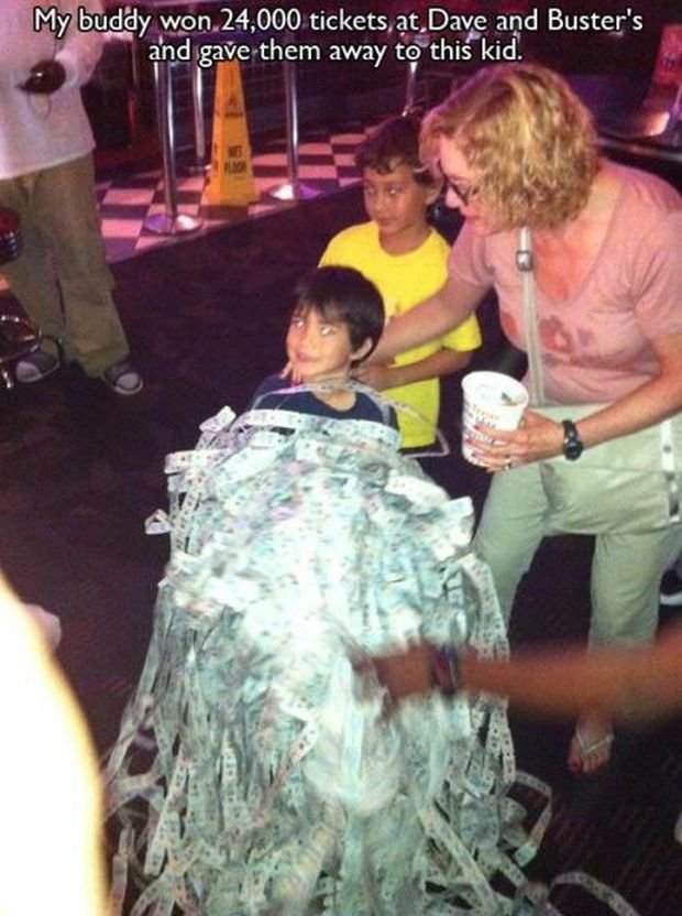 humanity acts of kindness - ly buddy won 24,000 tickets, at, Dave and Buster's and gave them away to this kid.