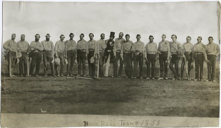 The first ever team photo in baseball history, The Knickerbocker Base Ball Club, Hoboken, New York 1858