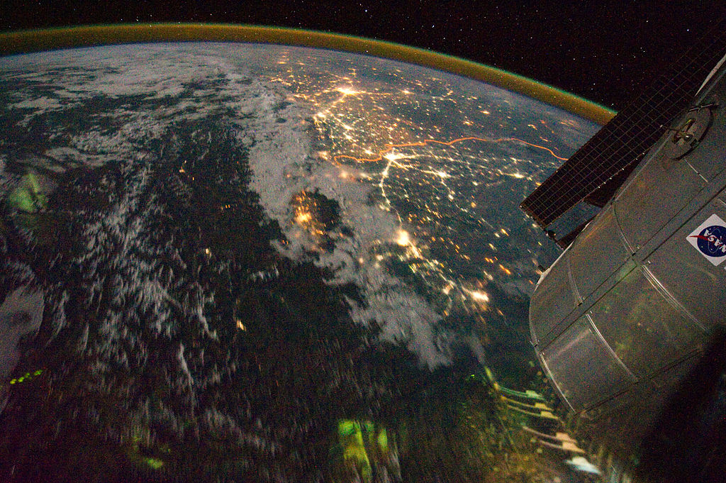 Distinctly orange hue of the floodlit border zone between India and Pakistan in astronaut photograph