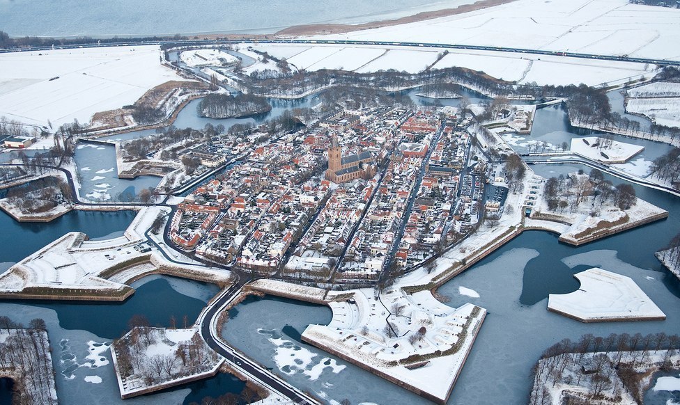 Naarden, a star fort village in the Netherlands, complete with restored fortified walls and a moat