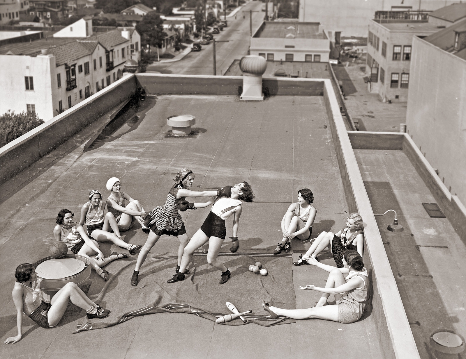 Women boxing on a roof, circa 1930s