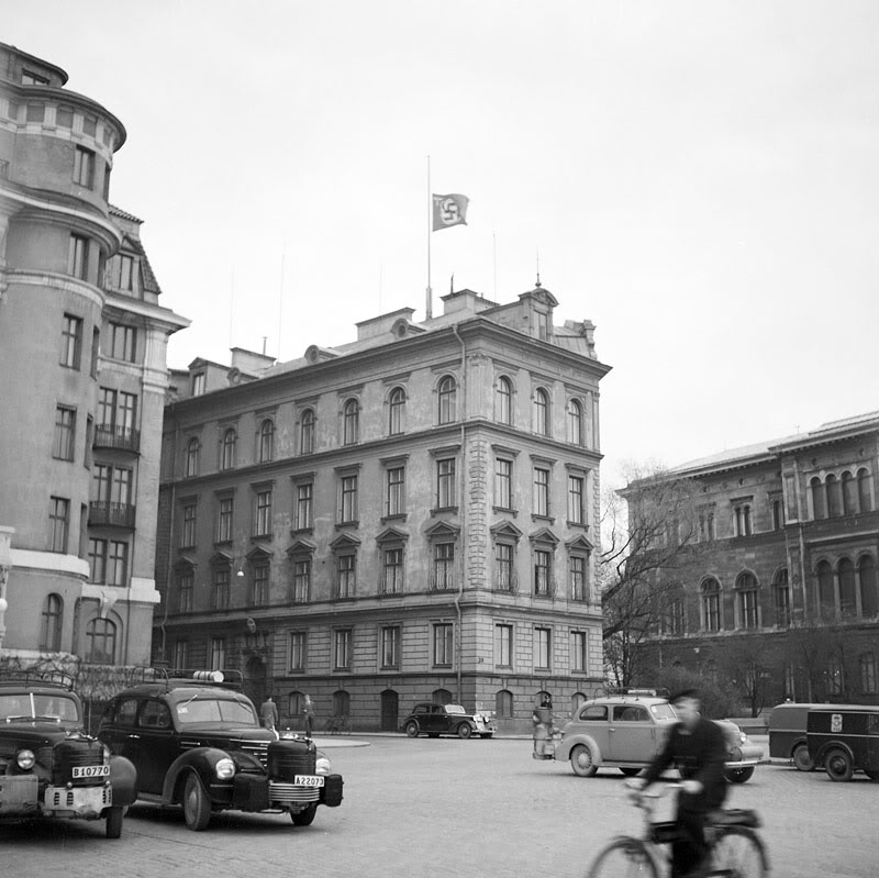 The german embassy in Sweden flying the flag at half mast april 30th 1945, the day Hitler died.