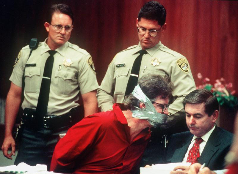 After continually disrupting court proceedings, Christopher Charles Lightsey was gagged in court, Aug. 15, 1995, during the sentencing phase of his murder trial for the killing of William Compton a 76-year-old cancer patient. He was sentenced to death.
