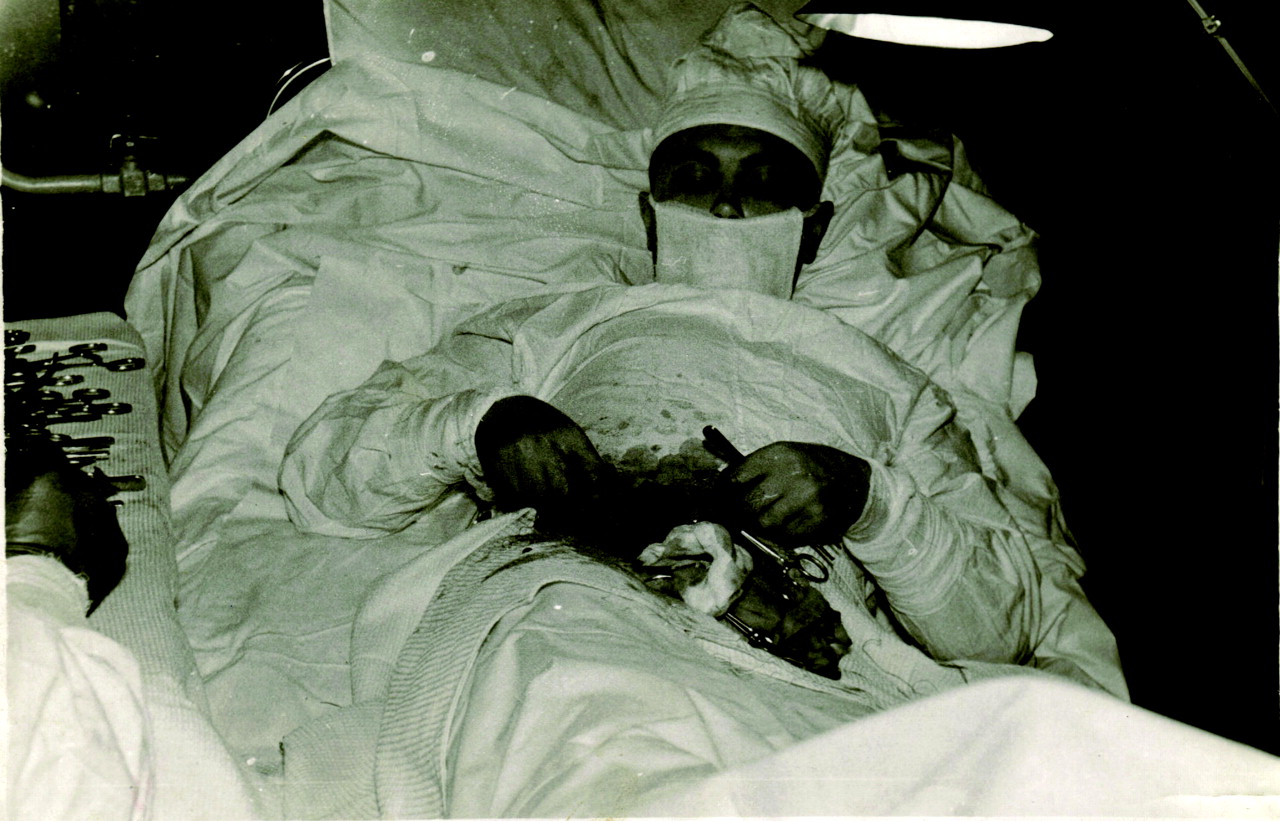 Leonid Rogozov, the only surgeon on an Antarctic expedition, performing surgery on himself after suffering from appendicitis. April 30, 1961