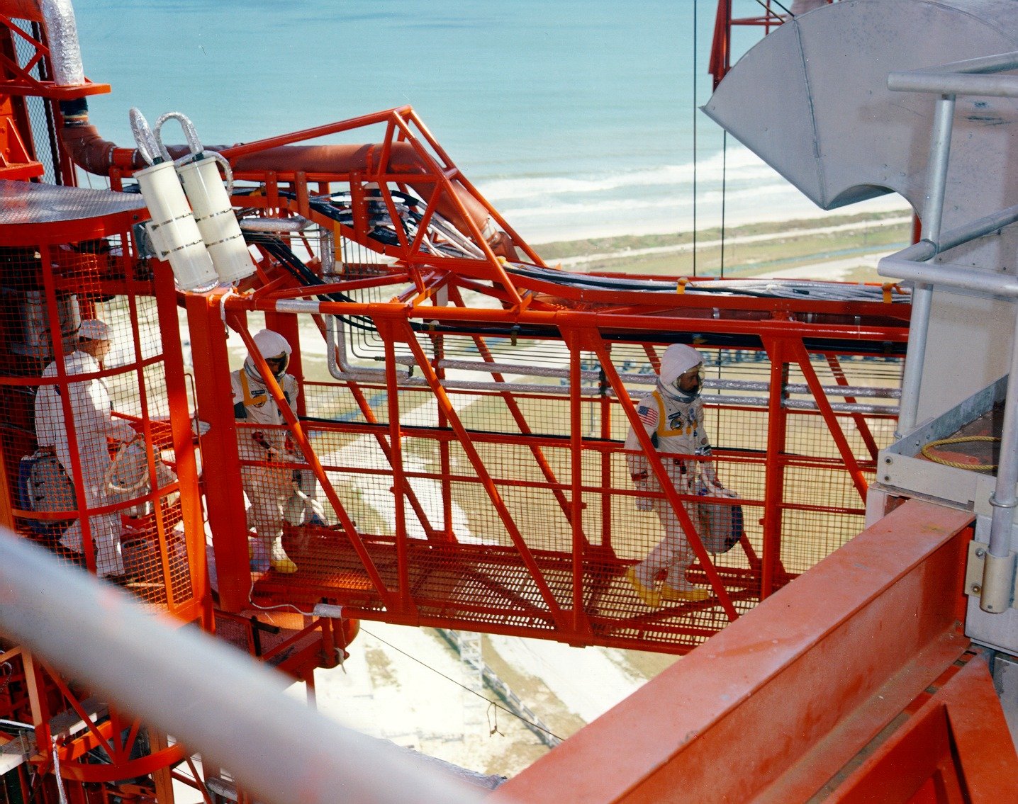 Apollo 1 crew crossing the access arm to the command module on January 27, 1967