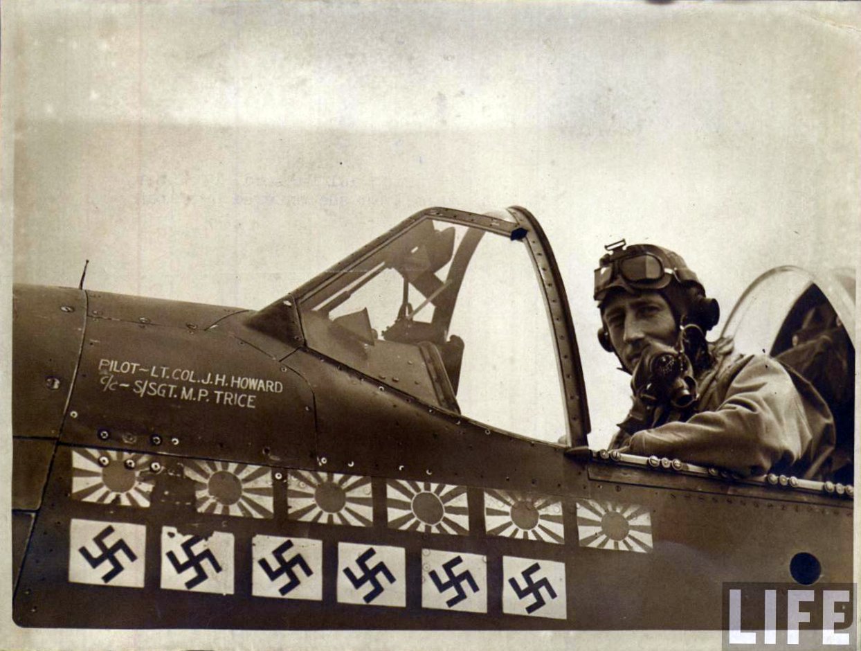 LCOL James H. Howard proudly displays his kill markings on the side of his P-51 Mustang on January 11th 1944.