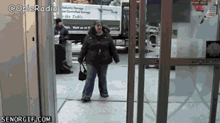 This woman's first experience with doors.