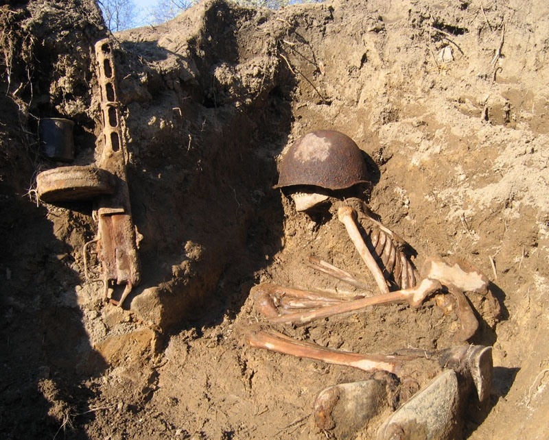 Soldier's skeleton with helmet and boots still on