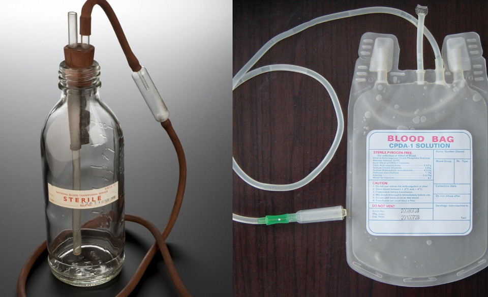Left- Blood transfusion bottle, England 1978. Right- Disposable blood bag made of PVC
