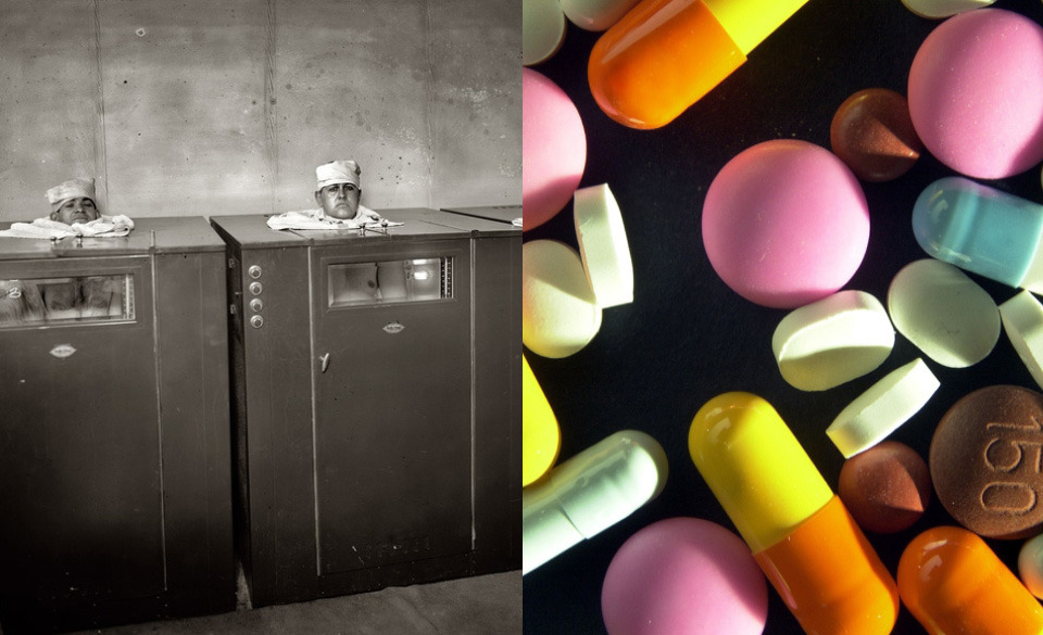 Left- "Walter Reed physiotherapy story." Burdick Cabinet "Radio-Vitant ray" therapy for mentally ill. 1920's. Right- A common form of treatment for many mental disorders is psychotherapy. And today there many different medications to treat a range of mental disorders.