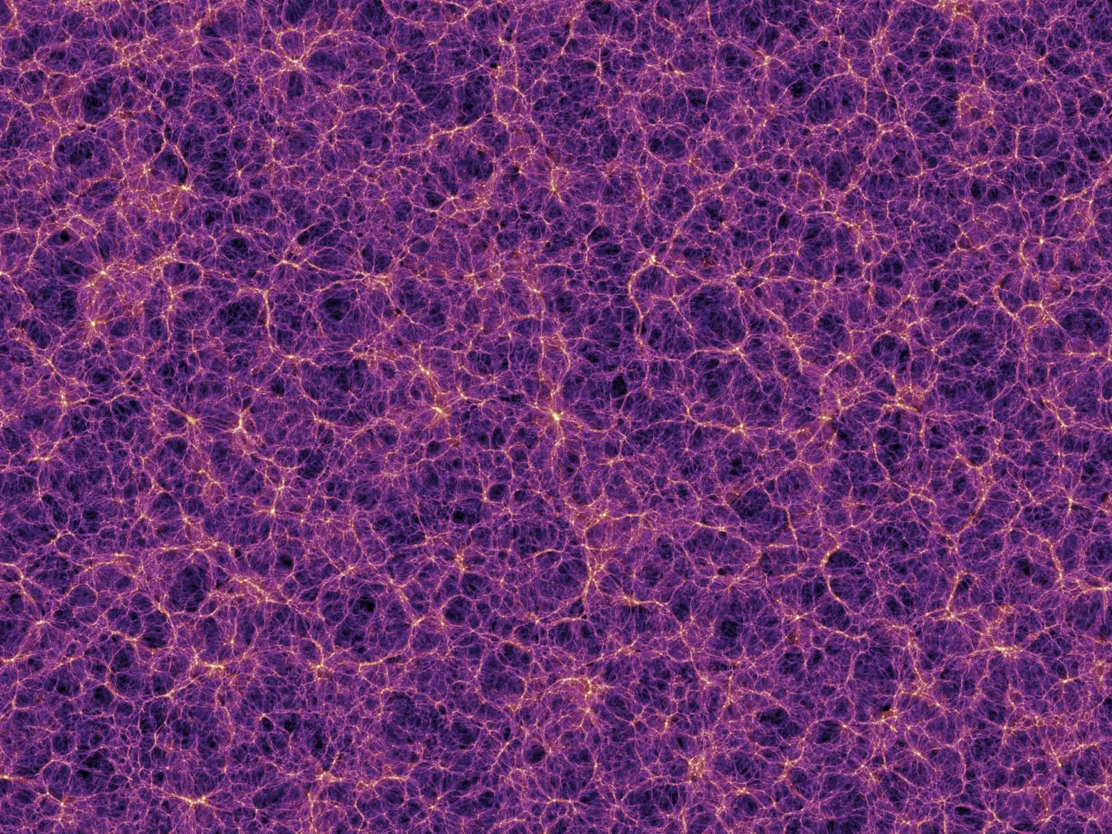 Our Universe, the "cosmic web". Each yellow dot is a galaxy. The purple streams represent dark matter. This image represents 0.000001 percent of the known universe