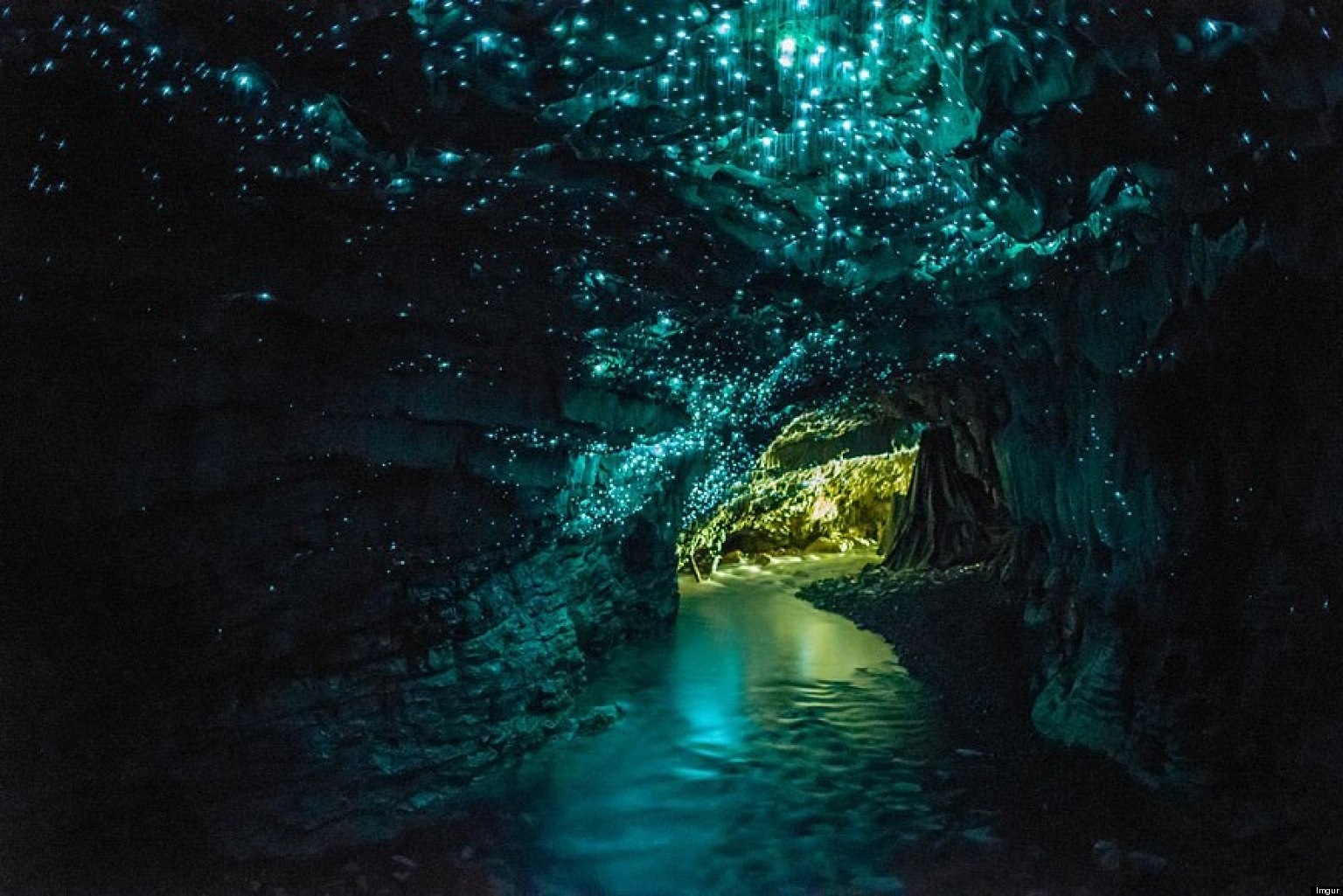 Waitomo Glowworm Cave New Zealand- Formed over 30 million years ago, this cave is one of the most brilliant displays of bioluminescence on Earth. Thousands of glowworms, which are native to New Zealand, hang from the walls of the cave from strands of silk and use their dazzling blue light to attract prey.